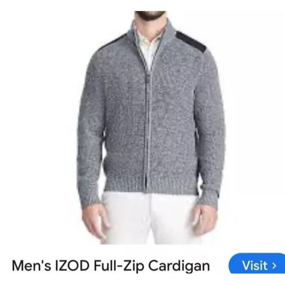 Izod Cardigan Men's Large Gray Knit Cotton Blend Long Sleeve Full Zip Sweater